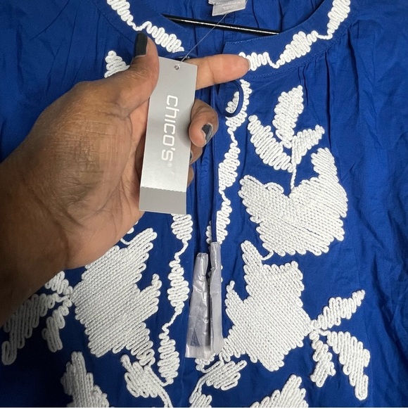 NWT Chico’s Embroidered Belladonna Blue Peasant Top 3/4 Sleeves Size 3 (XL/16) - Picture 9 of 15